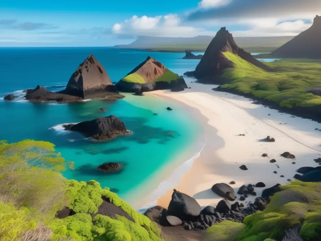 Paisaje impresionante en las Islas Galápagos Un paisaje impresionante en las Islas Galápagos: aguas turquesas, rocas volcánicas, vida salvaje y flora vibrante