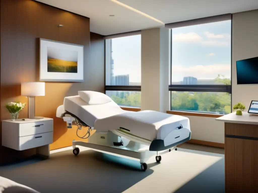 Moderna habitación hospitalaria con tecnología avanzada y ambiente acogedor Preparativos viaje médico seguros: Habitación hospitalaria moderna y acogedora, con tecnología médica avanzada, luz natural y ambiente relajante