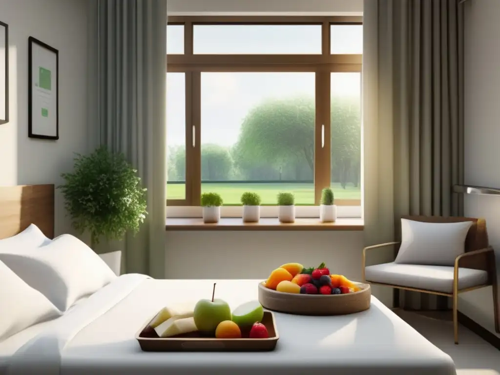 Habitación hospitalaria moderna y serena Consejos para viajeros maduros en turismo médico: hospital moderno con paciente disfrutando de una habitación serena y vistas al jardín