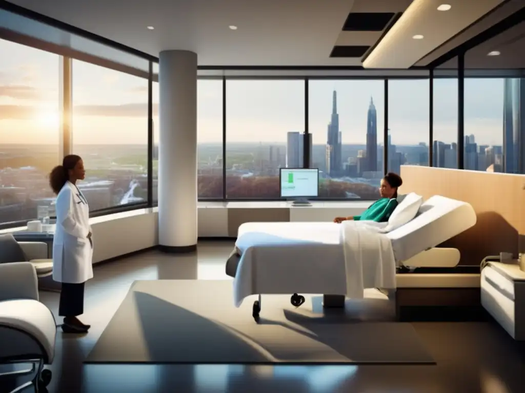 Hospital moderno con vista a la ciudad Habitación hospitalaria moderna con vistas a una ciudad pintoresca