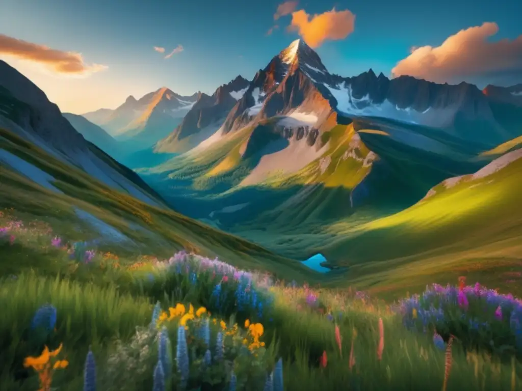 Impresionante paisaje montañoso para viajeros maduros Destinos naturales para viajeros maduros: Montañas majestuosas, ríos cristalinos, y flores vibrantes en un paisaje tranquilo