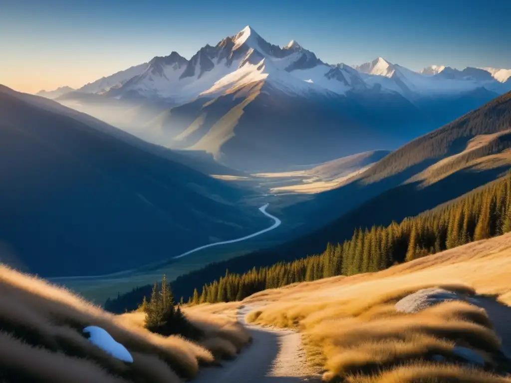 Paisaje de montaña sereno y majestuoso Paisaje montañoso sereno con picos nevados, sendero y vegetación, ideal para viajes a altitud #ConsejosViajesAdultosMayores