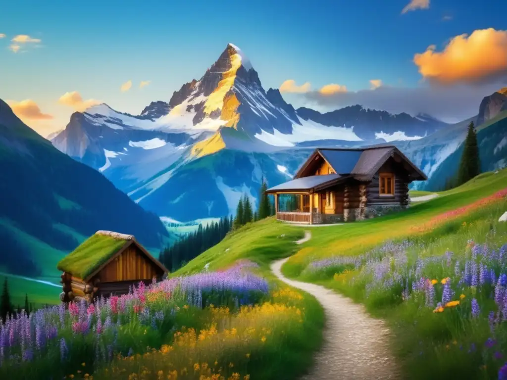 Paisaje montañoso con cabaña y sendero Paisaje montañoso sereno con picos nevados