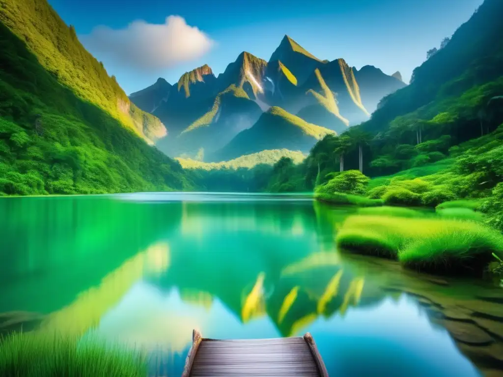 Paisaje montañoso sereno, con lago y sendero de montaña Paisaje montañoso sereno con sendero de senderismo, reflejo de laguna y colores vibrantes