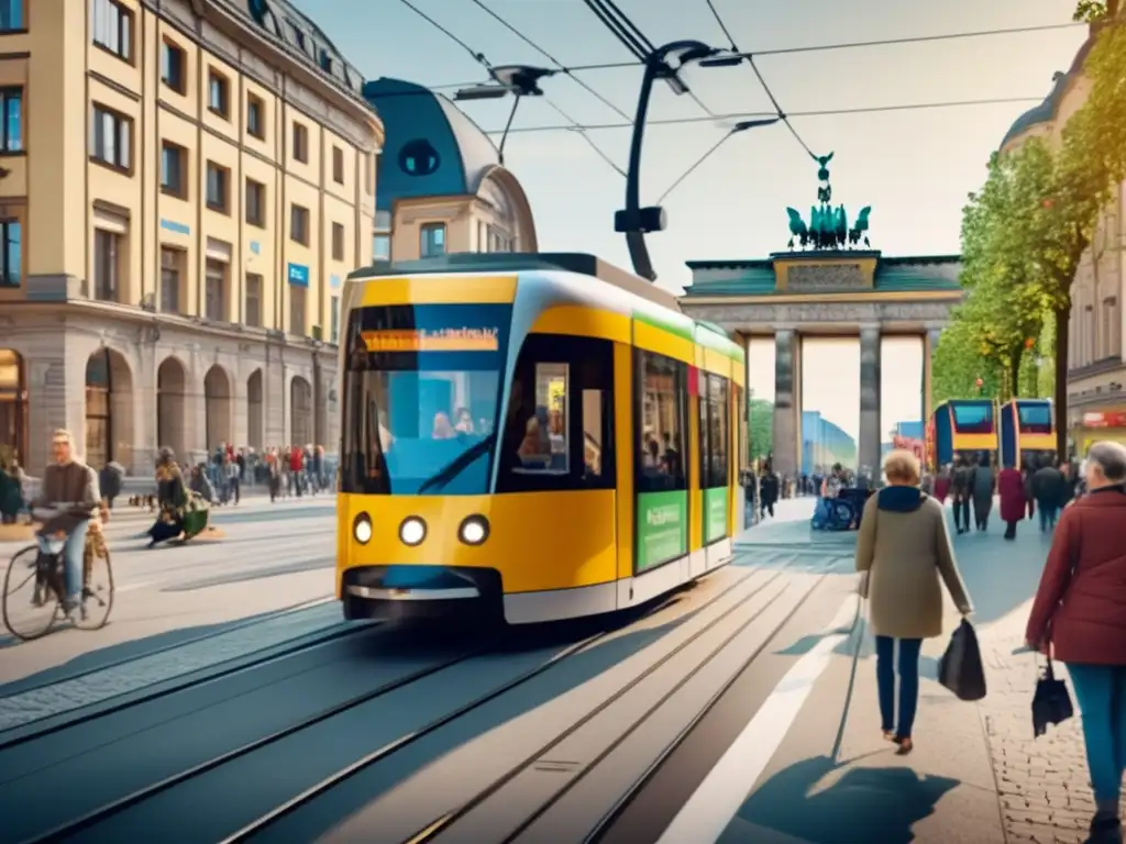 Calle animada de Berlín: accesibilidad y diversidad Ciudad accesible: Calle bulliciosa de Berlín con arquitectura moderna, monumentos históricos y transporte público inclusivo