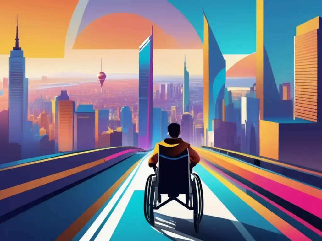 Ciudad accesible y vibrante con usuario de silla de ruedas Guía de viaje para personas con movilidad reducida en una ciudad accesible y vibrante