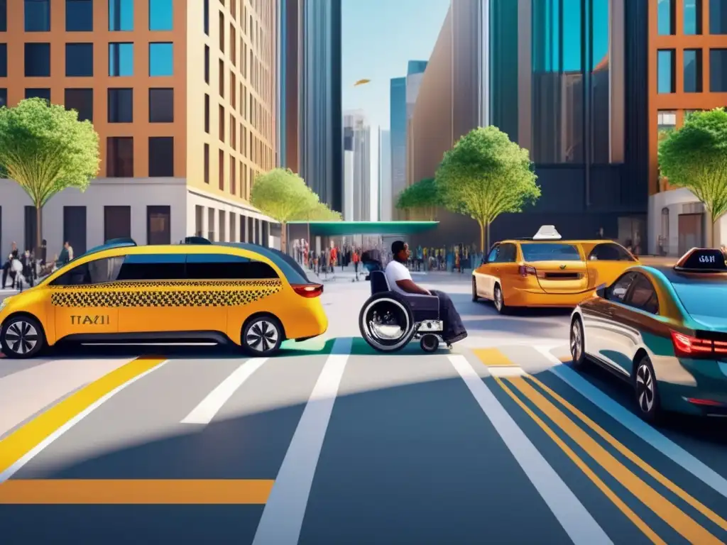Ciudad accesible y vibrante con transporte inclusivo Guía de viaje para personas con movilidad reducida: una imagen inclusiva y vibrante de una ciudad accesible, con rampas coloridas, taxi adaptado y personas diversas disfrutando de la experiencia