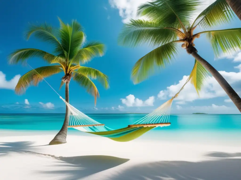 Experiencia serena en isla caribeña: playas blancas, aguas turquesas, palmeras verdes y hamaca relajante