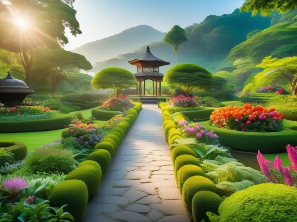 Tranquilidad en jardín botánico Jardines botánicos para turismo senior: Encantador paisaje 8k con sendero, flores vibrantes y guía experto