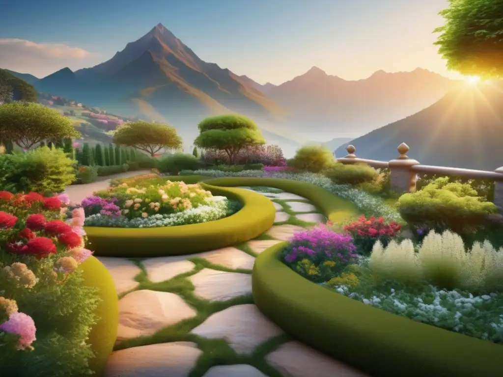 Jardín tranquilo con montañas majestuosas Paisaje sereno con jardín, flores vibrantes y montañas majestuosas - Beneficios del Tai Chi para viajeros maduros