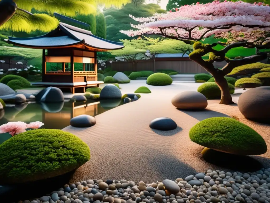 Jardín Zen japonés sereno y detallado Un sereno jardín Zen japonés de 8k, rodeado de vegetación exuberante y árboles de cerezo en flor