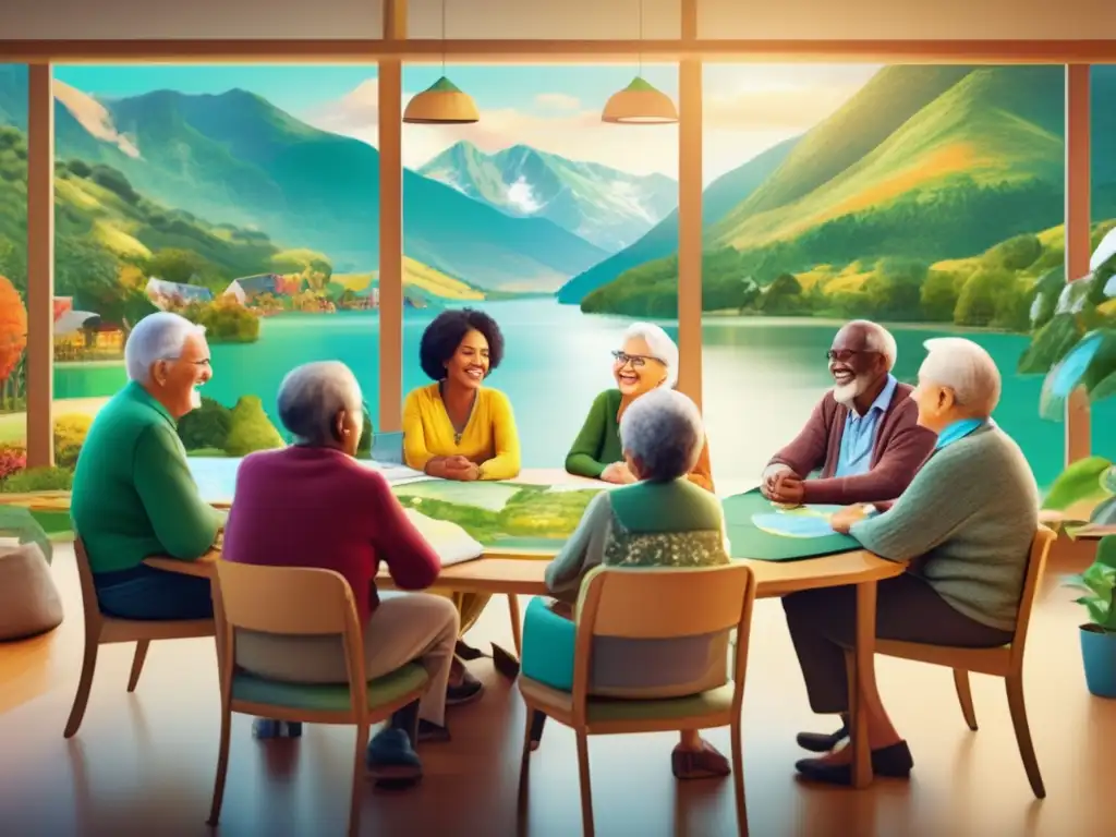 Clase de idiomas para adultos mayores Viajes lingüísticos para adultos mayores en aula vibrante y acogedora con vista panorámica, libros y profesor entusiasta