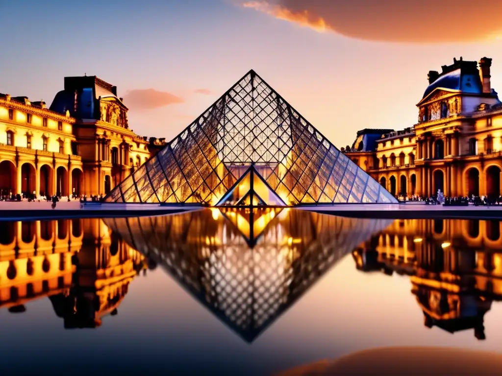 Pinturas y multitud en el Museo del Louvre Viajes de arte para mayores: visitas culturales enriquecedoras en el Louvre al atardecer