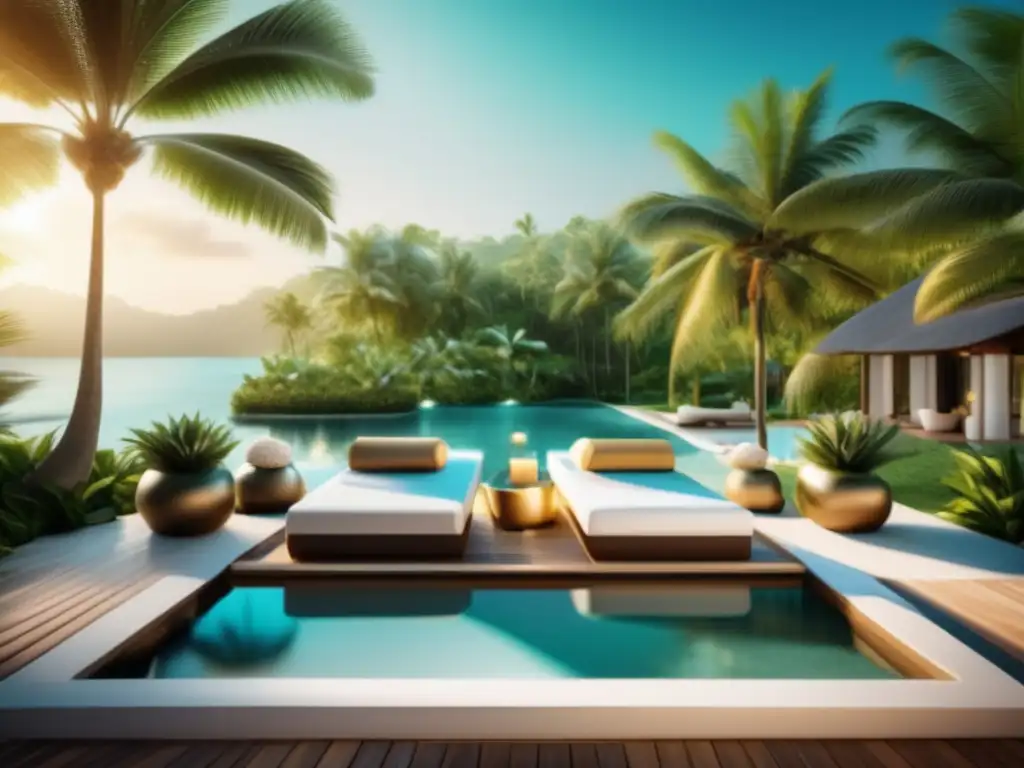 Exclusivo spa al aire libre rodeado de vegetación y palmeras - Retiro spa lujo para viajeros maduros en oasis de spa al aire libre rodeado de vegetación exuberante y palmeras altas