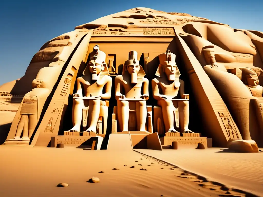 Majestuosidad del Templo de Abu Simbel en 8k Templo majestuoso de Abu Simbel en el desierto de arena, testamento de la grandiosidad del antiguo Egipto