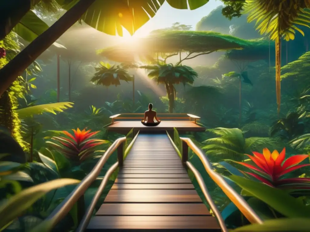 Jungla dorada al atardecer Retiros de meditación en la selva para viajeros maduros: Escena impresionante de una jungla serena iluminada por los rayos dorados del sol poniente