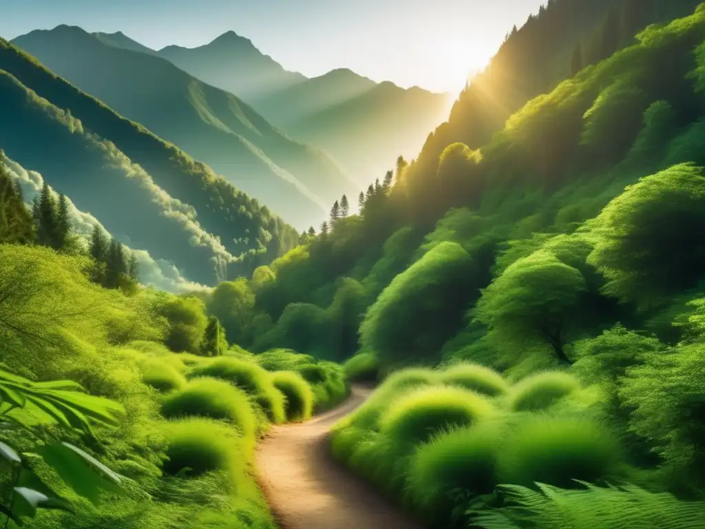 Bosque sereno y tranquilo; invita a la meditación Preparación retiro meditación segura: Bosque sereno rodeado de montañas, luz dorada y sendero invitan a la paz interior