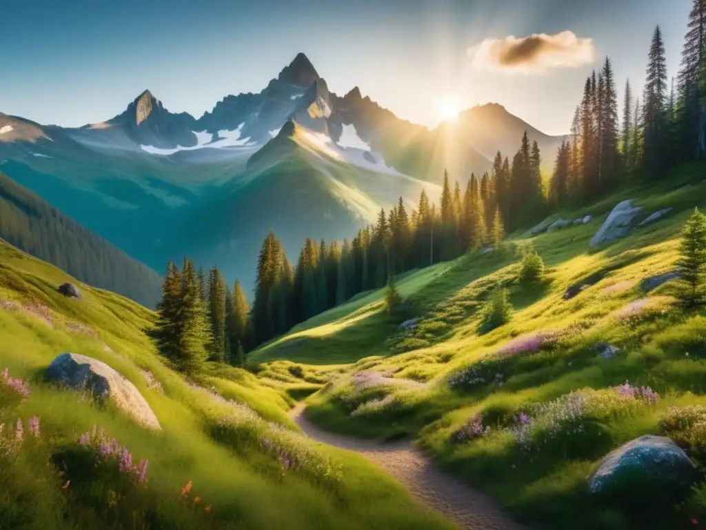Impresionante paisaje de montaña en 8k Paisaje montañoso para viajeros maduros: montañas majestuosas, sendero verde, lago tranquilo, naturaleza impresionante