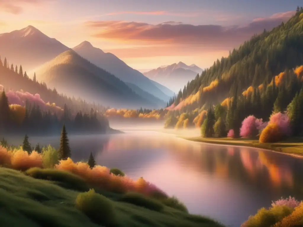 Paisaje montañoso sereno al amanecer Paisaje montañoso sereno con río, bosque y cumbre nevada - Viajes espirituales para seniors enriquecedores