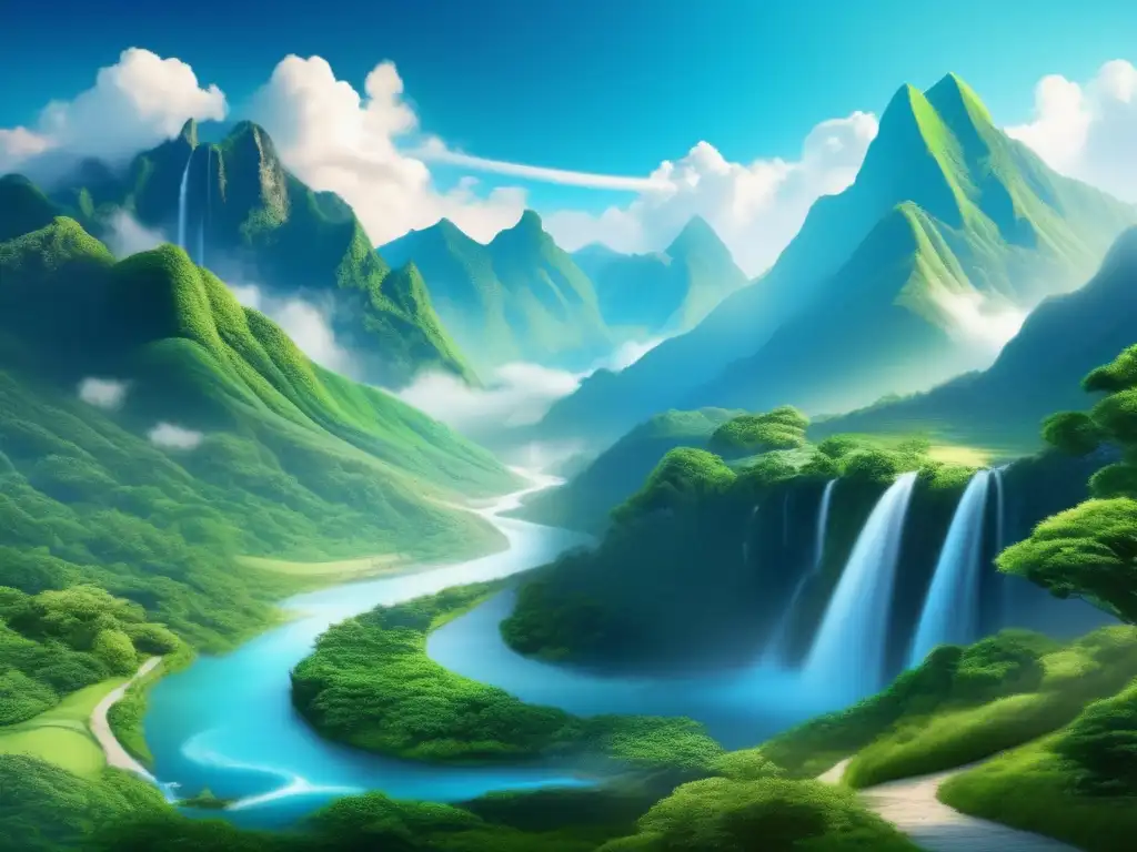 Paisaje montañoso sereno y pintoresco Paisaje sereno de montañas verdes y cascadas, invita a viajes espirituales para seniors