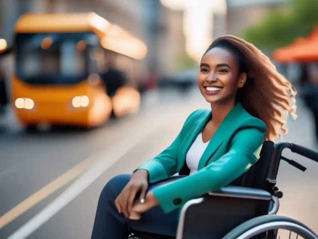 Mujer sonriente en silla de ruedas plegable y ligera Mujer sonriente en una silla de ruedas plegable y ligera, con accesorios de viaje para personas con movilidad reducida