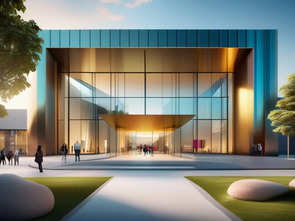 Acceso inclusivo al museo Entrada moderna de museo con rampa accesible y arquitectura acogedora
