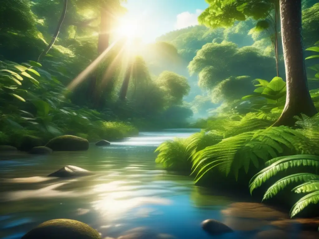 Escena serena en un bosque exuberante Un impresionante paisaje natural en un bosque exuberante, con río, vegetación y puente de madera