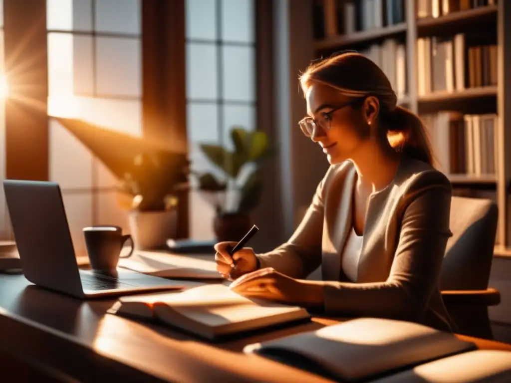 Oficina en casa con ambiente sereno de cursos de genealogía online Cursos en línea para viajes genealógicos - Persona en oficina hogareña con escritorio organizado, libros y documentos