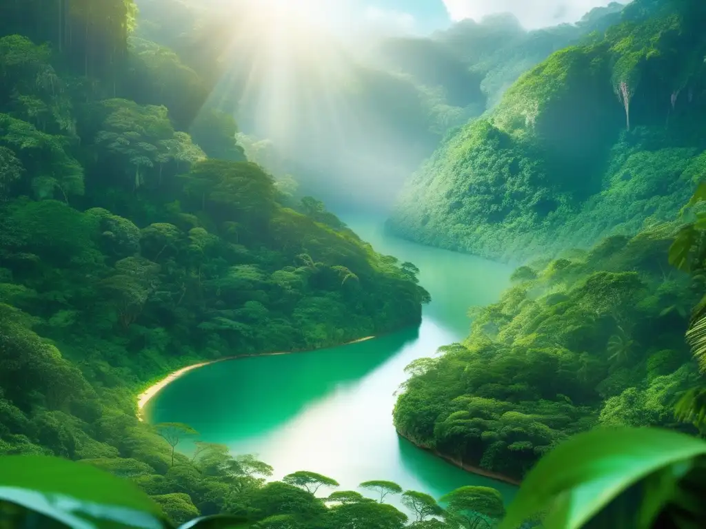 Paisaje encantador de selva tropical Beneficios del ecoturismo para adultos mayores: Paisaje sereno y exuberante de una selva tropical con árboles altos, río cristalino y aves coloridas