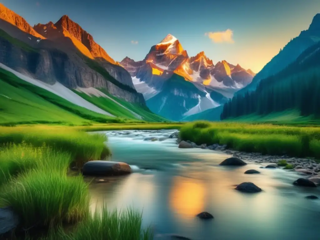 Paisaje montañoso sereno y majestuoso Paisaje montañoso sereno con retiro de meditación seguro