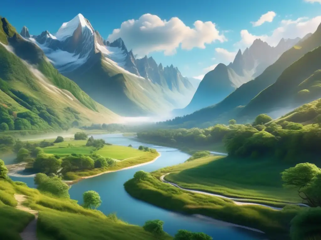 Ventajas de viajar a destinos naturales en la tercera edad: paisaje 8k impresionante con río, montañas, sendero accesible y tranquilidad