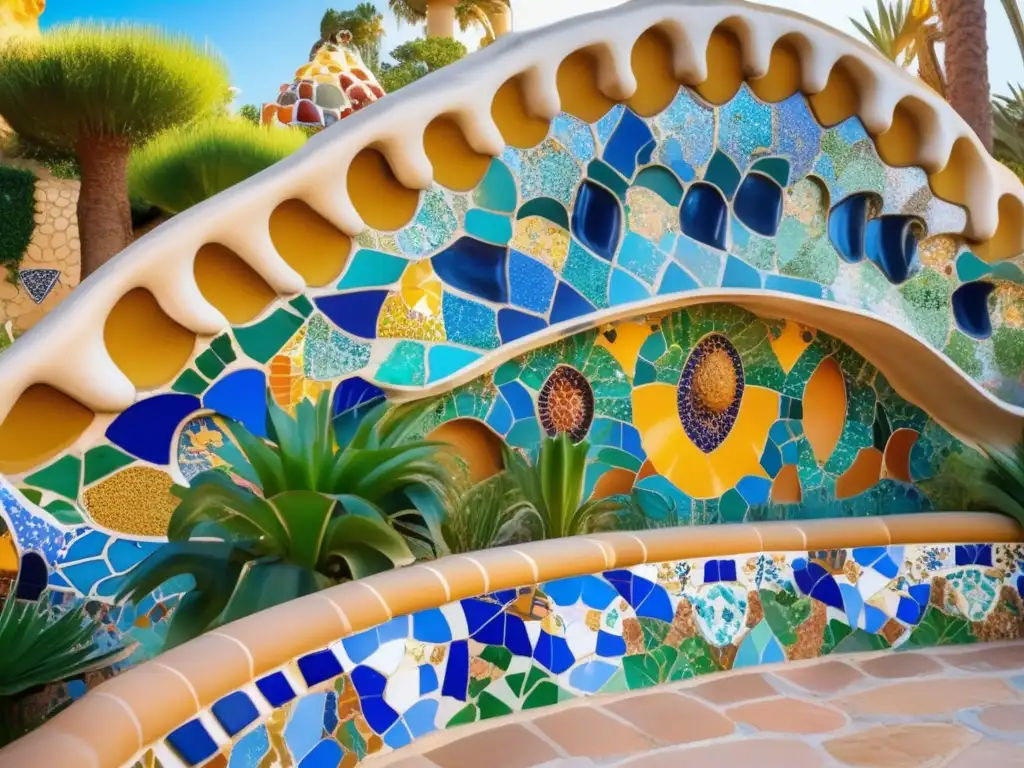 Hermoso paisaje del Parque Güell en Barcelona Destinos turísticos en Barcelona para adultos mayores - Park Güell, imagen 8k ultradetallada de colores vibrantes y elementos arquitectónicos únicos