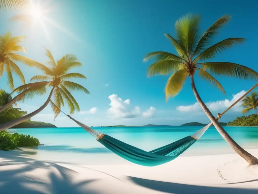 Consejos para fortalecer el sistema inmunológico en viajes: playa tropical serena con aguas turquesas, arena blanca, palmeras y hamaca relajante