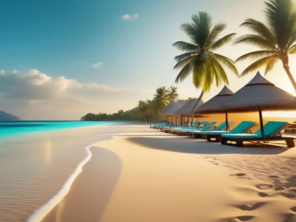 Sereno resort de playa con playa dorada y aguas turquesas Hermoso resort playero con arquitectura moderna, piscina infinita y viajeros seniors disfrutando - Estrategias económicas para viajeros seniors