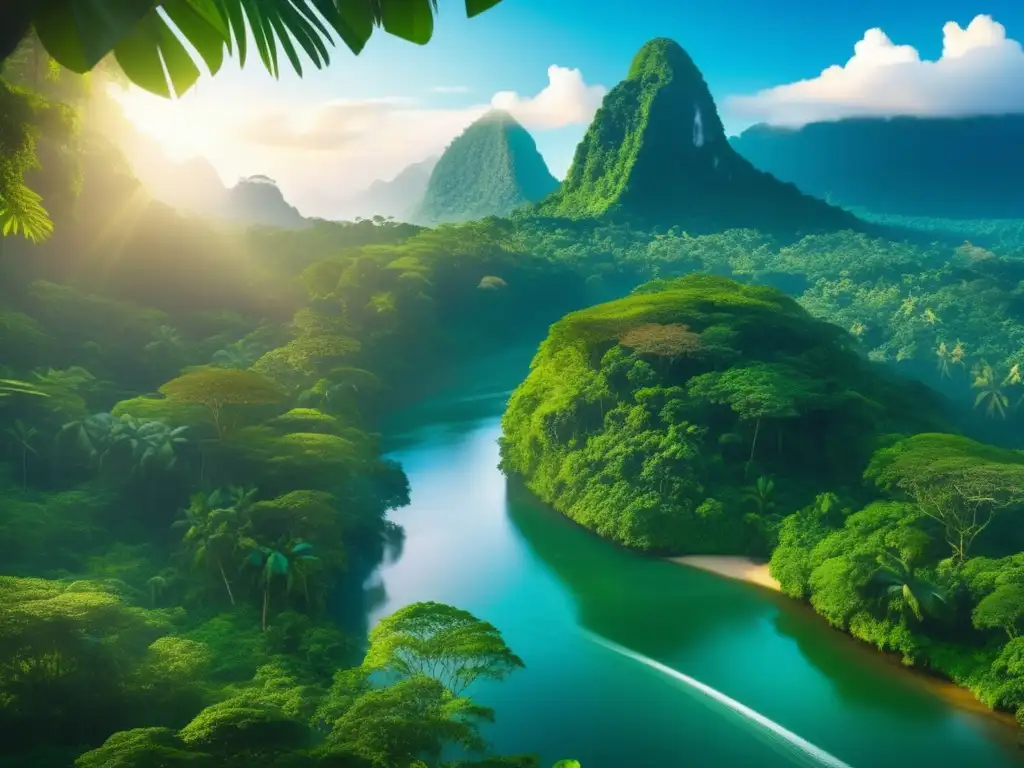 Exuberante selva tropical ecoamigable Destinos ecológicos para viajeros maduros: Rainforest exuberante, río cristalino, cascada majestuosa y aves exóticas en paisaje paradisíaco
