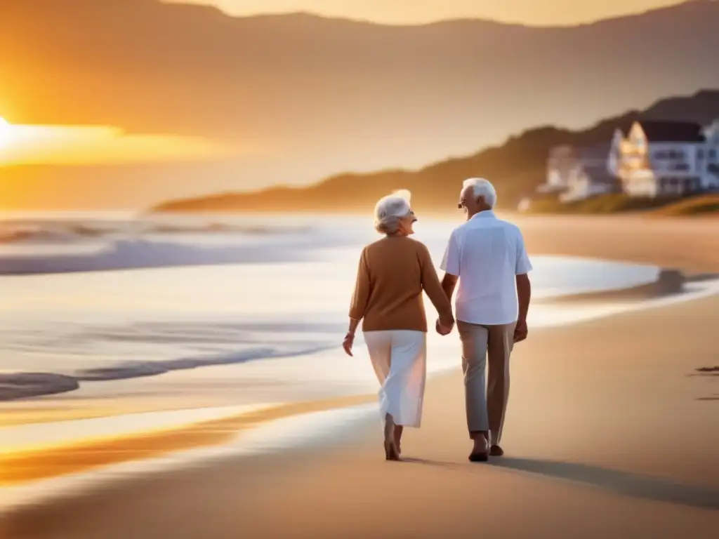 Pareja mayor disfrutando de la playa y el turismo médico Pareja mayor feliz en la playa: turismo médico para seniors