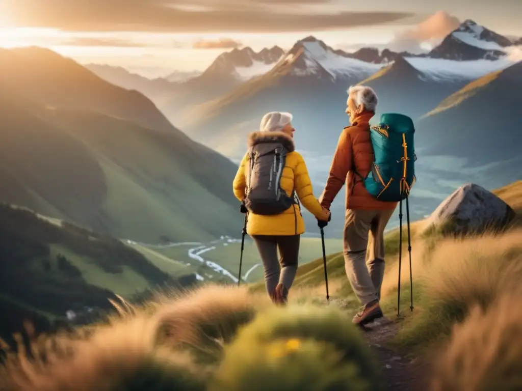 Pareja de adultos mayores disfrutando de la montaña Pareja madura disfrutando montaña, accesorios viaje adultos mayores