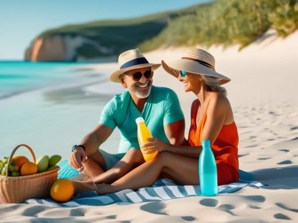 Pareja disfrutando de una playa paradisíaca Pareja madura en playa paradisíaca con precauciones salud viajes (110 caracteres)