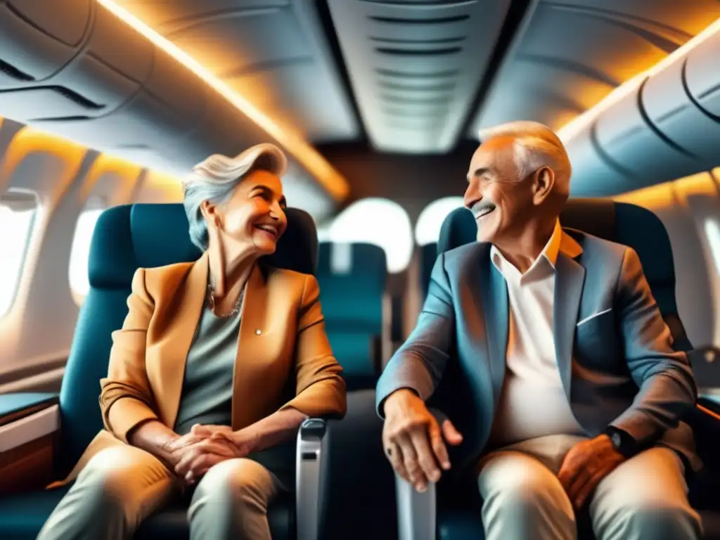 Pareja mayor realizando ejercicios en un avión Consejos viajes adultos mayores: Pareja mayor en avión, estiramientos y bienestar