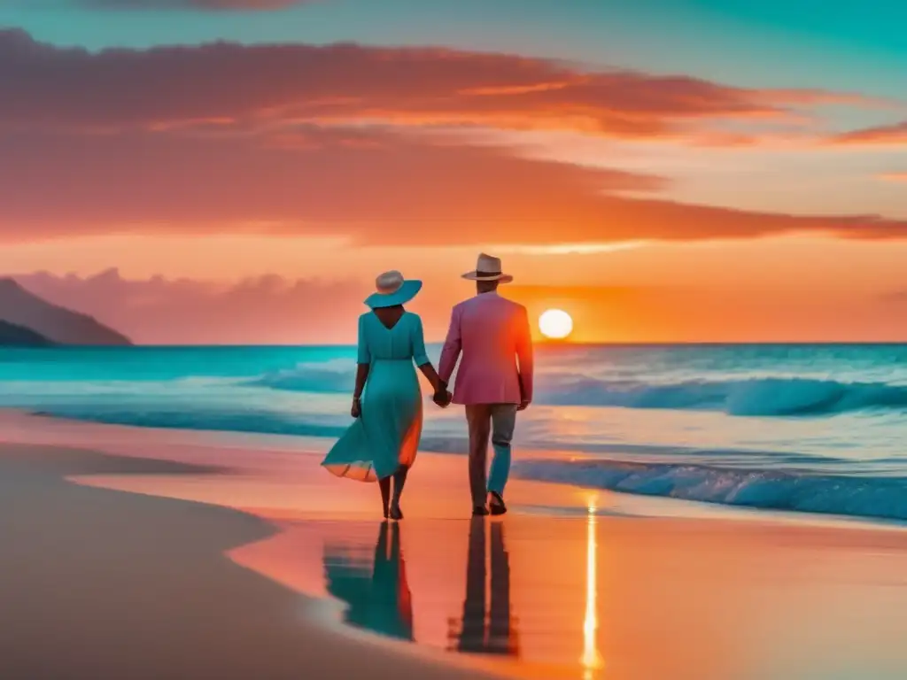 Pareja mayor disfrutando de playa paradisiaca Pareja de adultos mayores disfrutando de un paraíso playero - Seguro de viaje para seniors