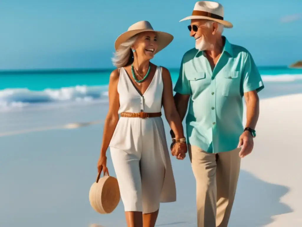 Pareja de ancianos felices en una playa paradisíaca Pareja de mayores felices en hermosa playa, vistiendo ropa de vacaciones y disfrutando del atardecer - Seguros de viaje para mayores