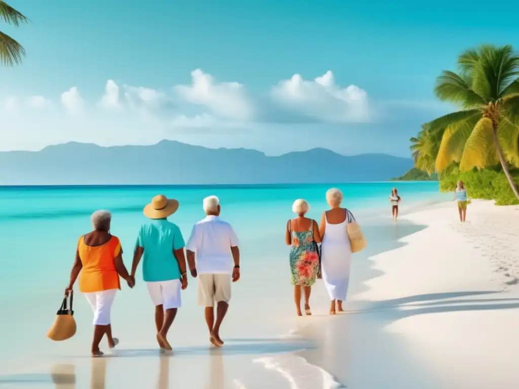 Viajes personalizados para adultos mayores Viajes personalizados para adultos mayores en una playa serena, con aguas turquesa y arena blanca, donde se disfruta la compañía y actividades