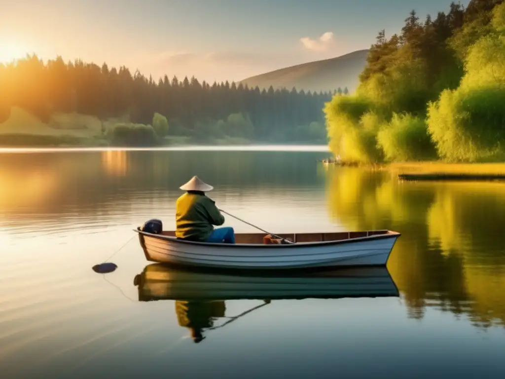Viajes de pesca para seniors en un lago pintoresco con un pescador esperando pacientemente en un bote bien equipado