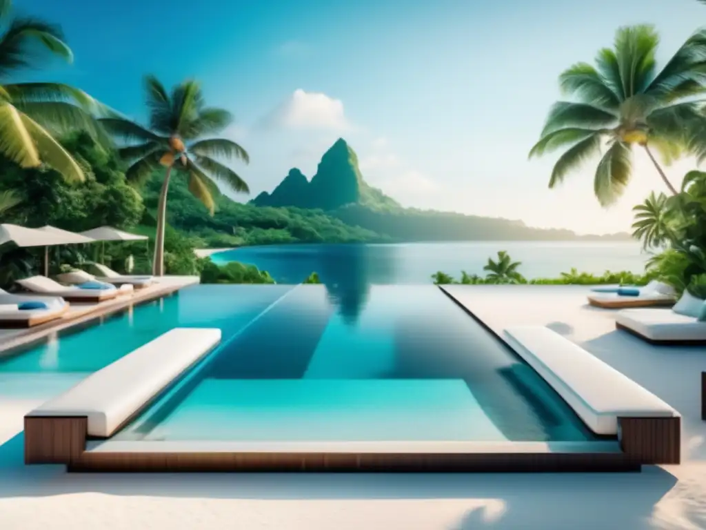 Piscina infinita azul con playa blanca, rodeada de vegetación tropical