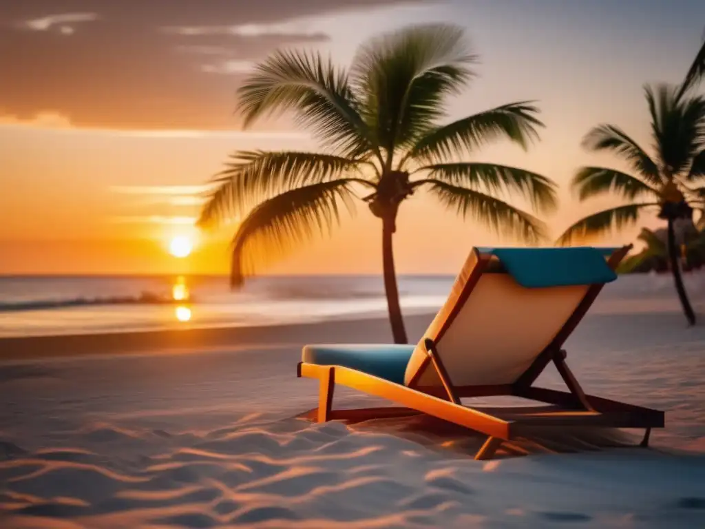 Playa serena al atardecer con silla y viajero Consejos sueño viajeros senior zonas horarias: Imagen playa tranquila con silla, palmeras y viajero senior relajado