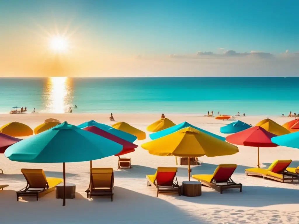 Paraíso playero para adultos mayores Consejos para balnearios para mayores: playa paradisíaca con aguas turquesas, sol, sombrillas, lectura, juegos y bebidas refrescantes