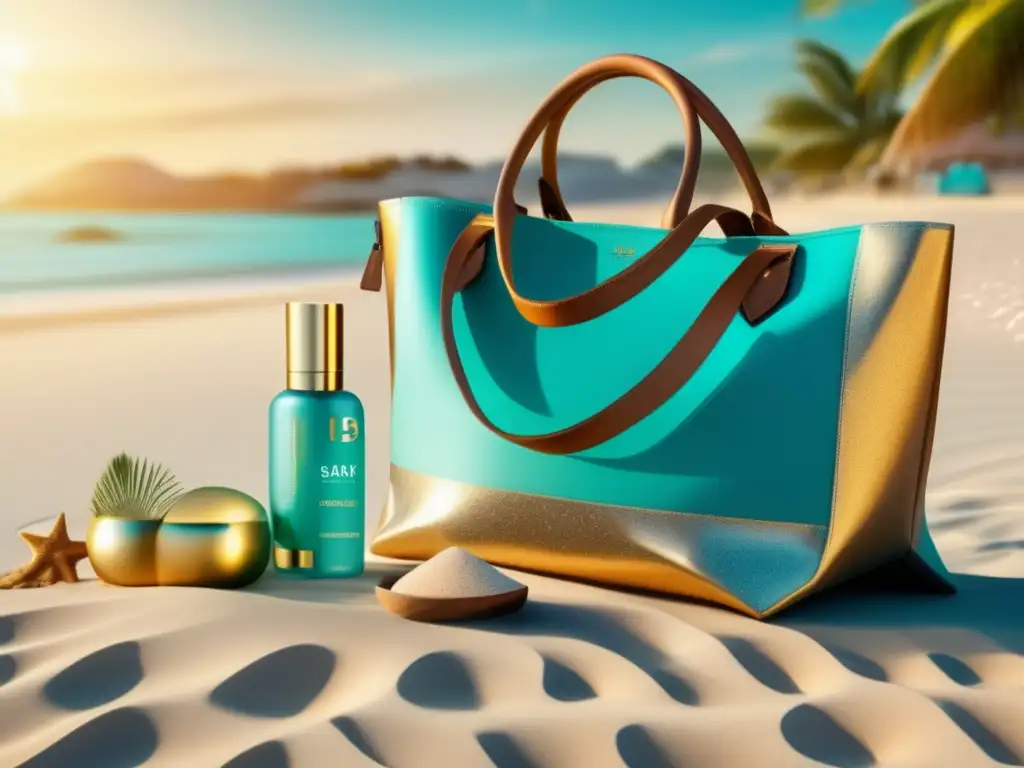 Kit de cuidado personal y protección solar para viajeros maduros Equipaje crucero para viajeros maduros - Imagen playa 8k con agua turquesa, arena dorada y artículos de higiene, protección solar y primeros auxilios