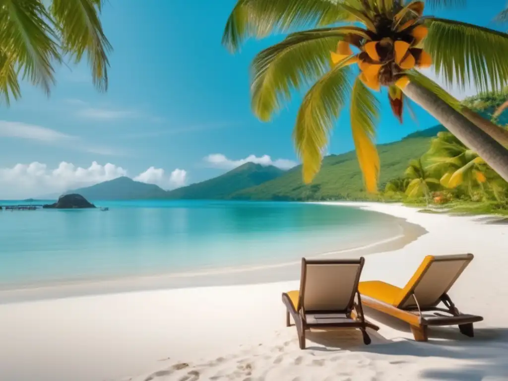 Playa paradisíaca para vacaciones de adultos mayores Destinos seguros América Central para viajeros seniors: Playa serena con aguas turquesas, palmeras y lounge chairs