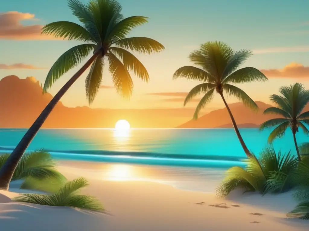 Playa serena al atardecer Hermosa imagen 8k de una playa serena al atardecer, promoviendo la importancia de la actitud positiva en los viajes
