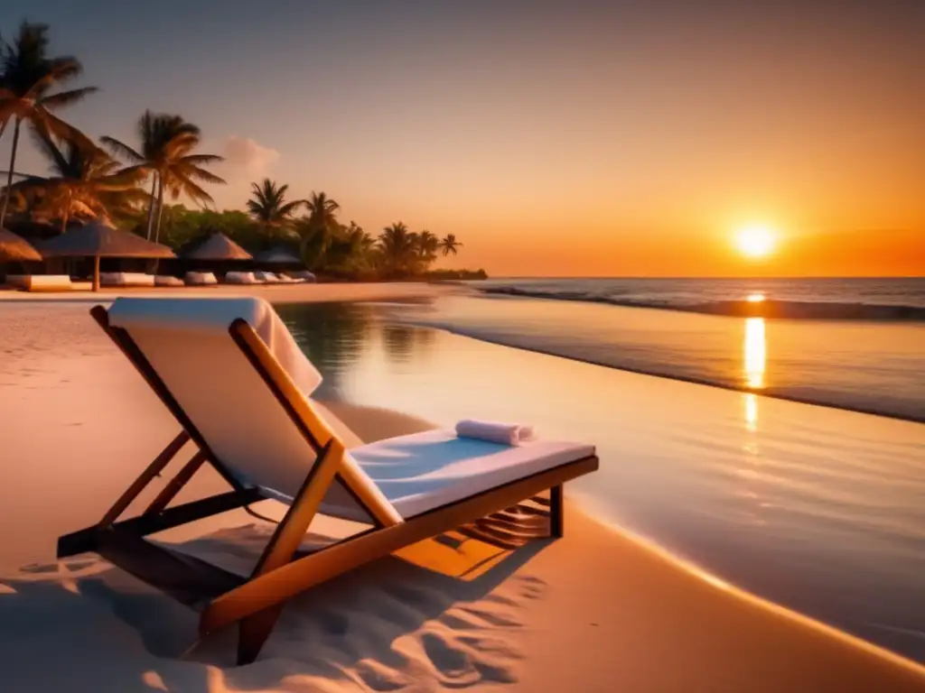 Playa serena al atardecer Experiencias de viajes senior enriquecedoras: playa serena al atardecer con aguas cristalinas, palmeras, silla de lounge y toalla suave